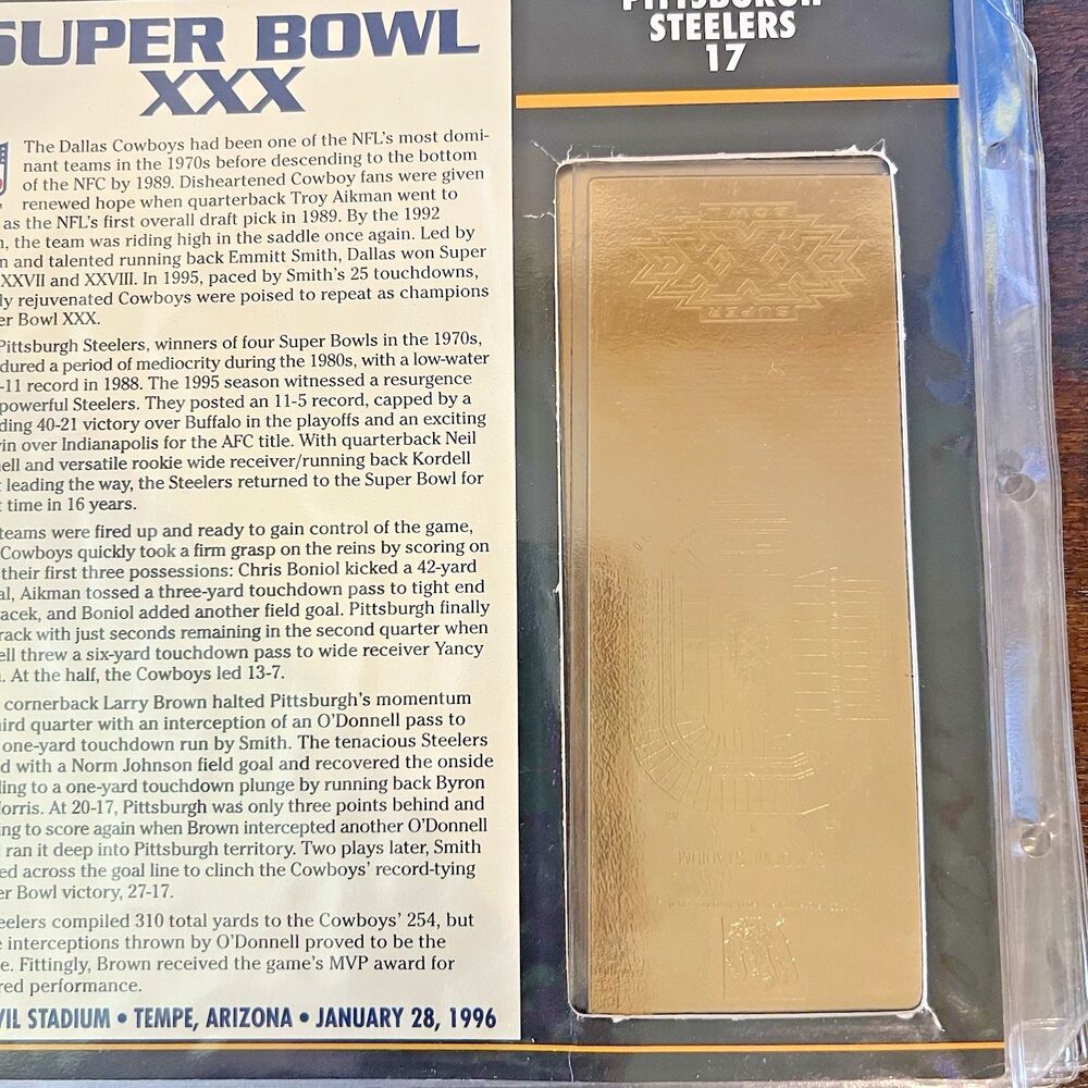 Super Bowl XXX Commemorative Gold Plated Super Bowl Ticket 22KT Willabee & Ward - Picture 3 of 10